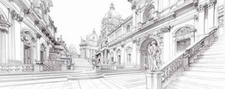 An architectural sketch of a Baroque palace, with grand staircases, ornate facades, and intricate interior designs. The white background highlights the opulence and complexity of the architecture.の素材