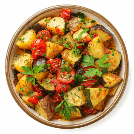 A traditional Greek briam, a baked vegetable dish with potatoes, zucchini, tomatoes, and herbs, garnished with fresh parsley, isolated on white background.の素材