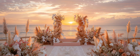 A romantic beach podium set for a sunset wedding. Use soft, warm colors and elegant textures like lace, silk, and fresh flowers.の素材