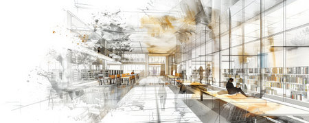 An architectural sketch of a modern library, featuring large glass windows, open reading spaces, and sleek lines. The white background emphasizes the contemporary and inviting design.の素材