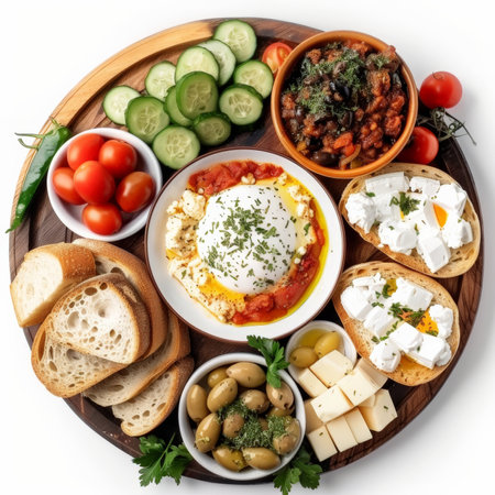 A traditional Turkish breakfast spread featuring menemen, white cheese, olives, tomatoes, cucumbers, and freshly baked bread, isolated on white background.の素材