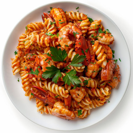 A serving of Greek astakomakaronada, lobster pasta in a rich tomato sauce, garnished with fresh parsley, isolated on white background.の素材