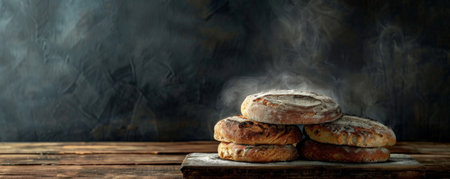 A stack of warm, freshly baked bread loaves on a rustic wooden table. The background is a dark, textured wall with ample copy space, highlighting the bread's texture and color.の素材