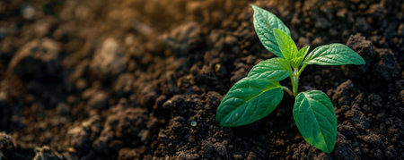 A vibrant seedling emerging from the soil, with small leaves reaching upward. The dark, fertile soil provides a backdrop that emphasizes the plant's freshness and growth.の素材