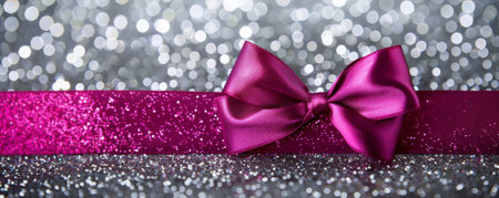A vibrant magenta ribbon bow on a silver glitter background. The bold color and sparkling texture create a striking and modern look.の素材