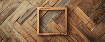 A simple, square wooden picture frame with a natural finish, placed on a herringbone wooden background. The geometric patterns of the herringbone design add depth and interest to the composition.の素材