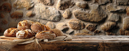 A rustic bakery scene with freshly baked bread loaves on a wooden table. The background features a stone wall with plenty of copy space above the bread, creating a warm and inviting atmosphere.の素材