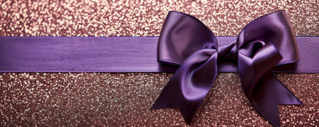 A rich purple ribbon bow on a rose gold glitter background. The luxurious colors and textures create a regal and elegant aesthetic.の素材