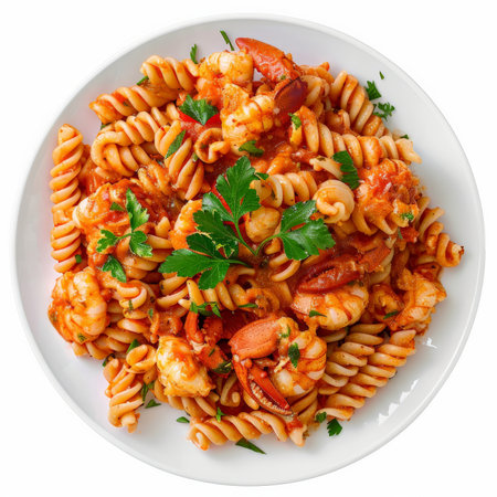 A serving of Greek astakomakaronada, lobster pasta in a rich tomato sauce, garnished with fresh parsley, isolated on white background.の素材