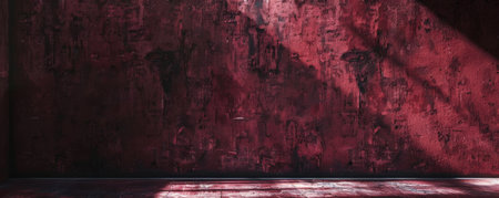 A bold depiction of an empty wall in deep burgundy, with a matte texture and strong shadows, creating a dramatic and rich backdrop.の素材