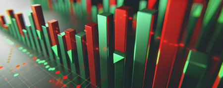A bold bar chart with green bars rising sharply and red bars dropping steeply, representing stock market changes, set against a neutral gray background.の素材