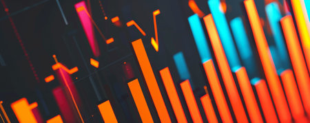 A bar chart with bright orange and blue bars illustrating stock market fluctuations, with the bars moving up and down on a dark gray background.の素材