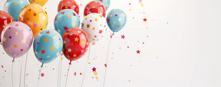 A cheerful scene with colorful balloons with star patterns, floating against a white background, creating a whimsical and festive atmosphere.の素材