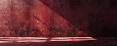 A bold depiction of an empty wall in deep burgundy, with a matte texture and strong shadows, creating a dramatic and rich backdrop.の素材