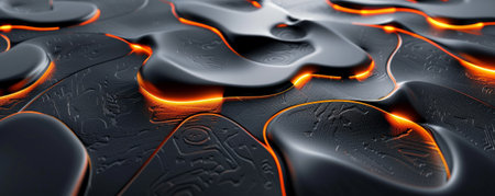 A brushed metal surface with a futuristic design, featuring a network of embossed lines and glowing orange accents that suggest energy flow.の素材
