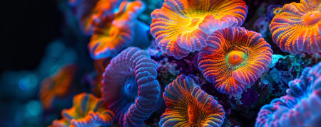 A captivating visual of fluorescent corals in vivid colors like neon orange, bright blue, and electric yellow, isolated on a black background to showcase their luminescent beauty and intricate forms.の素材