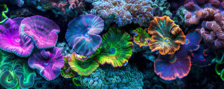 A captivating image of colorful fluorescent corals isolated on a black background, featuring glowing hues of purple, turquoise, and lime green, creating a mesmerizing and surreal underwater effect.の素材