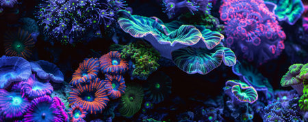 A captivating image of colorful fluorescent corals isolated on a black background, featuring glowing hues of purple, turquoise, and lime green, creating a mesmerizing and surreal underwater effect.の素材