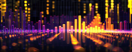 A bar chart with bright yellow and purple bars showing stock gains and losses, with the bars moving up and down, set on a black background for dramatic effect.の素材