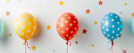 A cheerful scene with colorful balloons with star patterns, floating against a white background, creating a whimsical and festive atmosphere.の素材