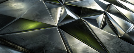 A brushed metal surface with a geometric pattern of interconnected triangles and subtle green highlights, suggesting advanced technology.の素材