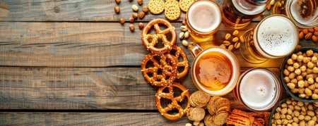 A beer and snack pairing banner with a selection of beers, pretzels, nuts, and cheese, set on a wooden table with a casual setting.の素材