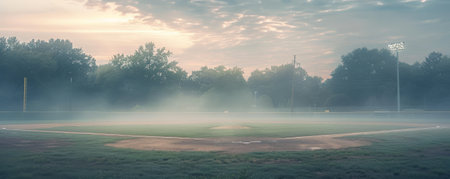 A baseball field in the early morning fog, with the diamond barely visible through the mist. The quiet, mysterious atmosphere creates a unique and serene sports scene.の素材