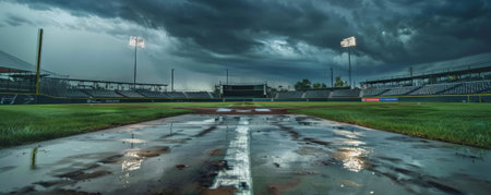 A baseball field with a rain delay, the tarp covering the infield, and dark clouds overhead. The stands are empty, and the wet grass reflects the moody atmosphere.の素材