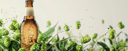 A cold beer bottle with droplets of condensation, placed among fresh green hops and wheat stalks, against a clean, white background for a fresh look.の素材