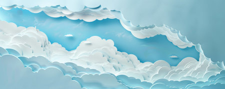 A cut-out paper banner in the shape of a cloud, with soft edges and intricate cutouts, layered over a sky-blue background.の素材
