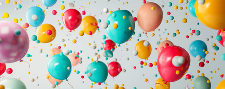 A background filled with balloons in bright, bold colors, scattered across a light gray backdrop, creating a lively and joyful vibe.の素材
