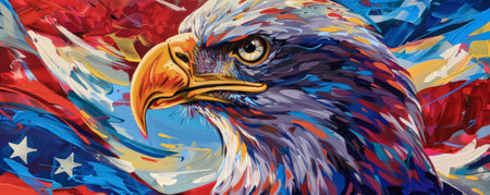 A close-up of an eagle's head with a wavy American flag behind it, the eagle's piercing eyes and sharp beak highlighted against the vibrant red, white, and blue.の素材