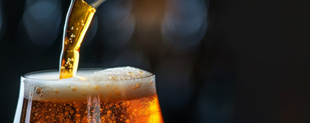 A close-up of a beer pour, capturing the golden liquid and frothy head, with a dark, moody background to highlight the beer's richness.の素材