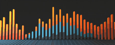 A bar chart with bright orange and blue bars illustrating stock market fluctuations, with the bars moving up and down on a dark gray background.の素材