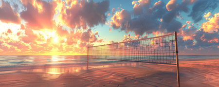 A beach volleyball court with a romantic sunset backdrop. The sky is ablaze with colors, and the calm ocean waves add to the tranquil beauty of the scene.の素材