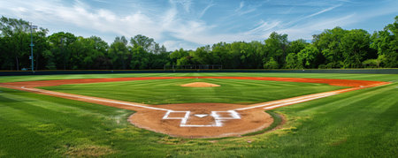 A baseball field with the bases covered in white chalk, the pitcher's mound freshly raked, and the outfield grass perfectly striped. The scene is set for an exciting game.の素材