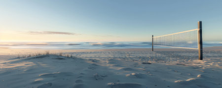 A beach volleyball court at dawn, with the first light of day casting a gentle glow over the sand. The tranquil scene captures the peacefulness of an early summer morning by the ocean.の素材