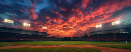 A baseball field at dusk, with the sky painted in hues of orange and pink. The stadium lights are just starting to come on, creating a magical atmosphere as the game continues.の素材