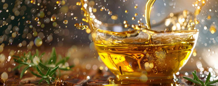 A close-up of golden olive oil droplets splashing into a bowl, surrounded by fresh herbs and spices, on a rustic wooden surface.の素材