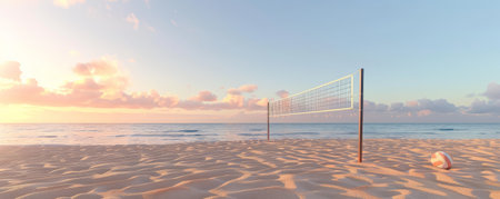 A beach volleyball court at dawn, with the first light of day casting a gentle glow over the sand. The tranquil scene captures the peacefulness of an early summer morning by the ocean.の素材