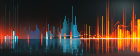 A bar chart with bright orange and blue bars illustrating stock market fluctuations, with the bars moving up and down on a dark gray background.の素材
