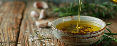 A close-up of golden olive oil being poured into a small bowl, with fresh rosemary and garlic cloves in the background, set on a rustic wooden table.の素材