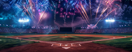 A baseball field with a fireworks display in the background, celebrating the end of a big game. The colorful explosions light up the night sky, creating a festive and exciting atmosphere.の素材