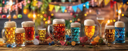 A beer festival scene with various beer glasses and mugs on a wooden table, colorful bunting and festival decorations in the background.の素材