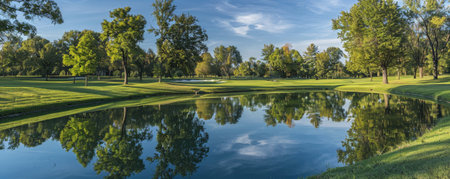 A beautiful sunny day at a golf course, with tall trees casting gentle shadows on the fairways, and a crystal-clear pond reflecting the bright blue sky.の素材
