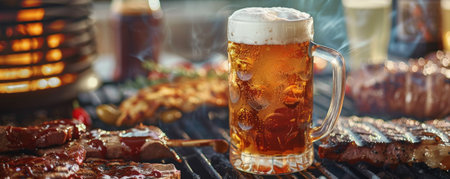 A beer and BBQ banner with a frosty mug, grilled meats, and BBQ sauce, set against a backyard party backdrop.の素材