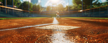 A close-up of home plate on a baseball field, with the batter ready to swing and the catcher poised behind. The neatly maintained infield and bright sunlight create a classic sports scene.の素材
