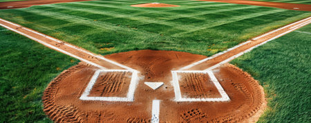 A baseball field with the bases covered in white chalk, the pitcher's mound freshly raked, and the outfield grass perfectly striped. The scene is set for an exciting game.の素材