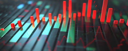 A bold bar chart with green bars rising sharply and red bars dropping steeply, representing stock market changes, set against a dark gray background.の素材