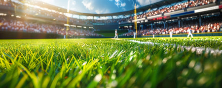 A baseball field with a game in progress, players in action, and the crowd cheering. The vibrant green grass, bright uniforms, and dynamic scene capture the energy of America's favorite pastime.の素材